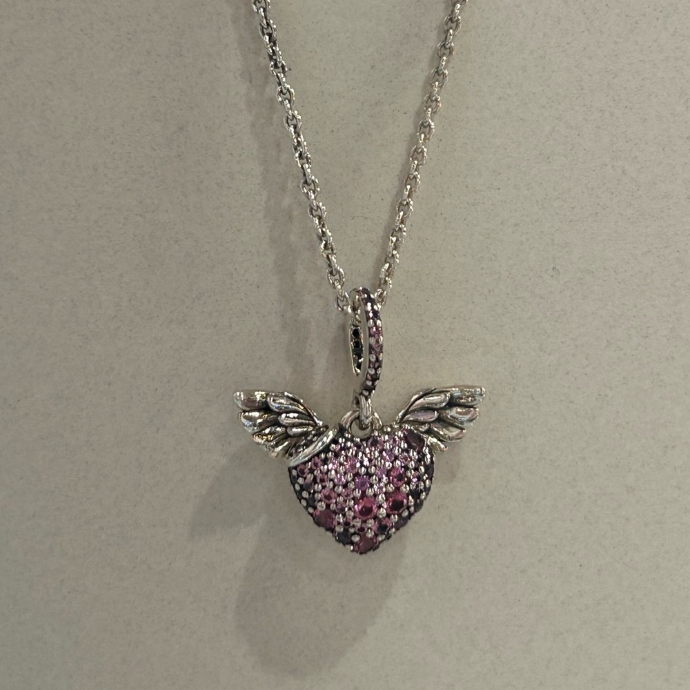 RETIRED Pave Heart and Angel Wings Necklace